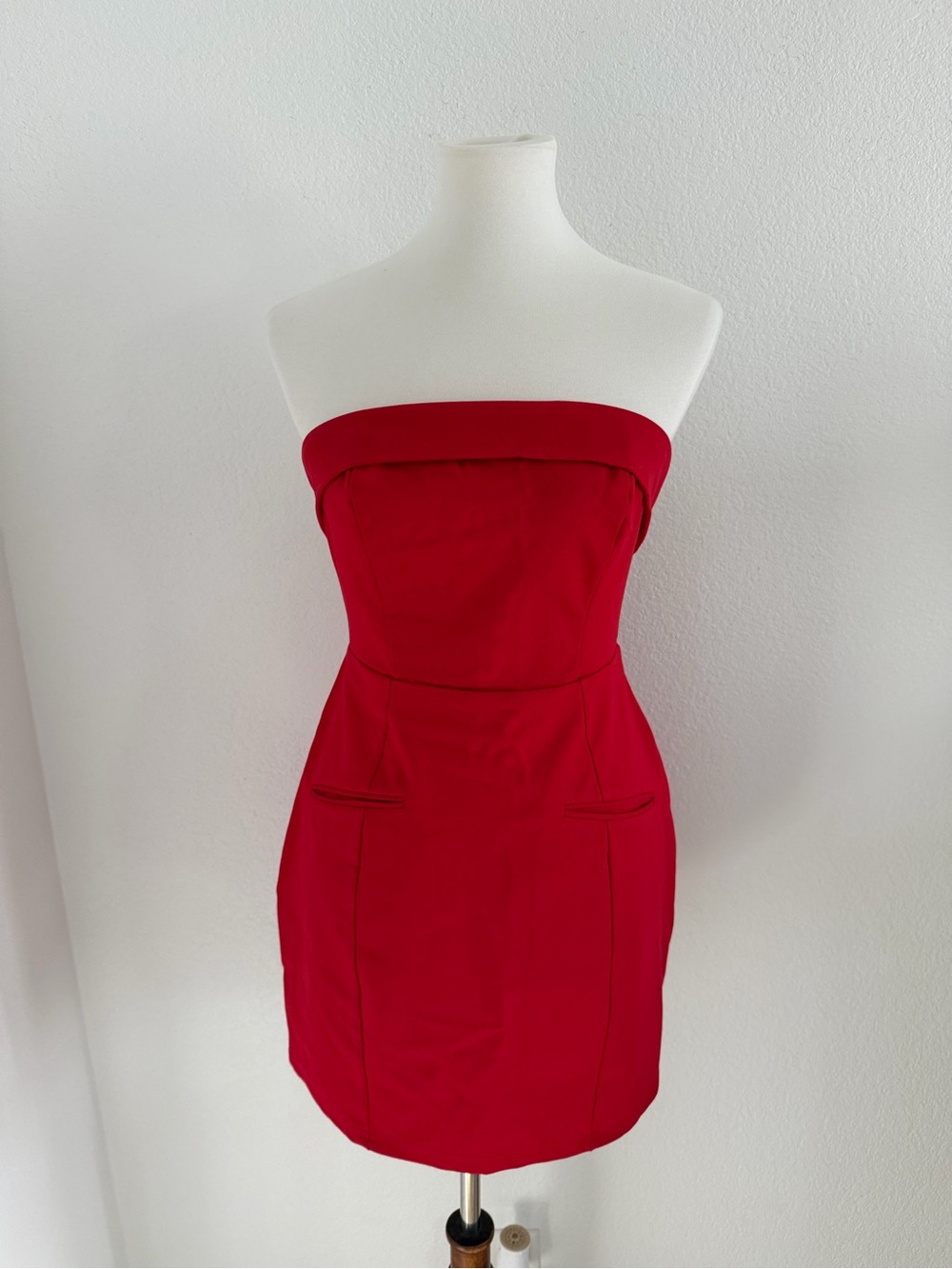 Strapless Red Mini Dress Fold Over Neckline Bodycon Dress